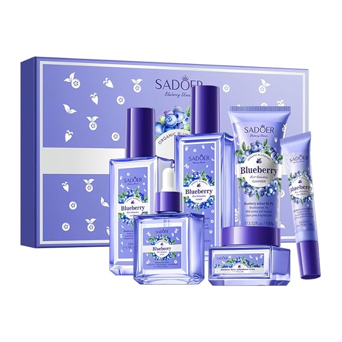 Blueberry Skin Care Set, 6-In-1 Skincare Gift Set With Facial Cleanser, Face Cream, Eye Cream, Serum, Lotion, Toner, Hydrating Skincare Gift Set For Women