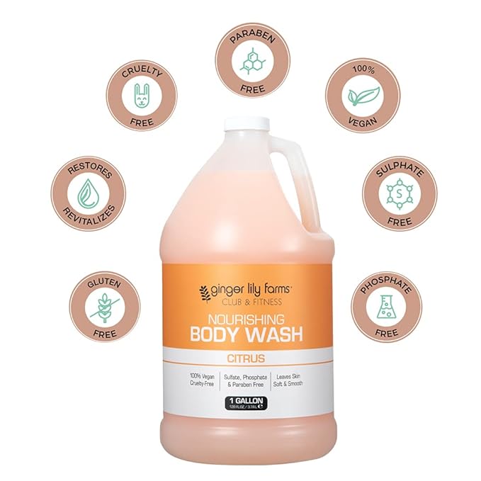 Ginger Lily Farms Club & Fitness Nourishing Body Wash, 100% Vegan & Cruelty-Free, Bath & Shower Gel for Men and Women, Citrus Scent, 1 Gallon (128 fl. oz.) Refill