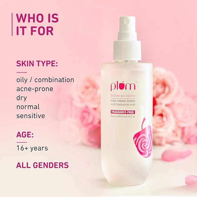 Plum Bulgarian Valley Rose Water Toner |with Hyaluronic Acid & Rose Extracts|100% Natural Rose Fragrance|Soothing and Pore Tightening | Balances Ph Levels (200 Ml (Pack of 1) Colourless)