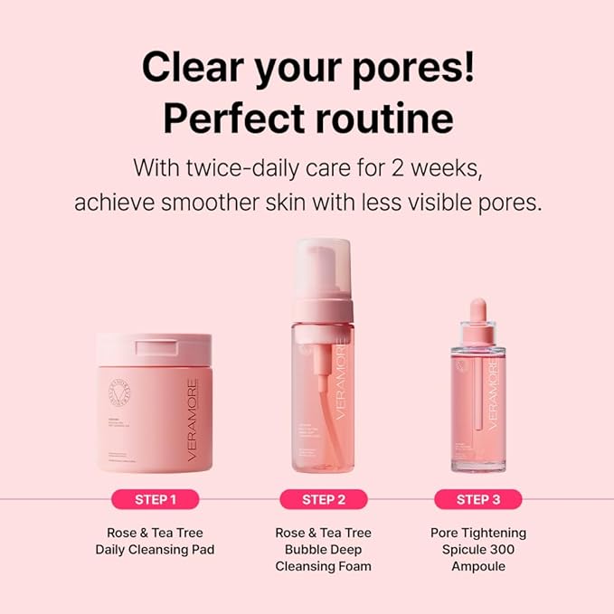 Veramore Rose & Tea Tree Pore Cleansing Pads – No-Rinse Daily Exfoliating Toner Pads with Damask Rose Water & Tea Tree | Gentle Blackhead & Makeup Removal, K-Beauty Skincare, 70 Count (7.05 oz)