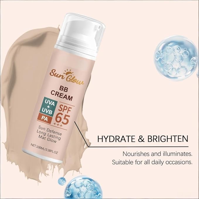 Sun Glow BB Cream Sun Defense Long Lasting Mat Glow, SPF 65, Lightweight Daily Face Sunscreen & Makeup Base, Non-Greasy, Water-Based Formula (1, Pink)