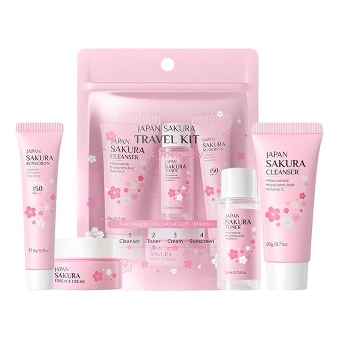 Sakura Travel Skincare Set for Teenage Girls,4 Pcs/Set Sakura Skin Care Set With Cleanser, Toner,Face Cream and Sunscreen,Travel Essentials for Women-Cleansing,Hydrating and Sun Protection