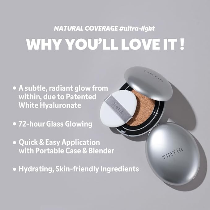 TIRTIR Mask Fit Aura Silver Cushion Foundation | Semi-glow Finish, Natural Coverage, Moisturizing, Lightweight, Korean cushion foundation (#17C Porcelain, Full Size, 0.63 Fl Oz)
