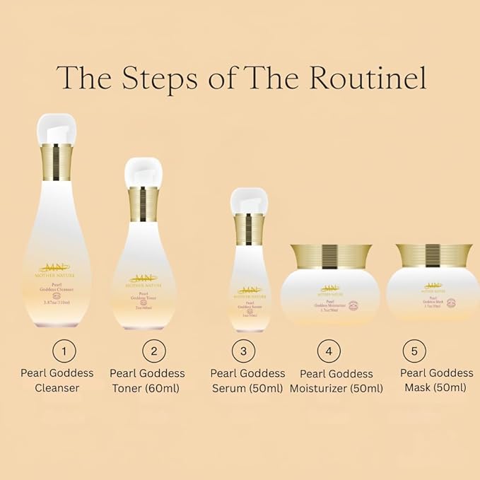 MN Mother Nature Pearl Goddess 5-Piece Skincare Set – Cleanser, Toner, Moisturizer, and Mask – Real Pearl Powder, and Mushroom Blend for Glowing, Youthful Skin – Anti-Aging and Hydrating Routine