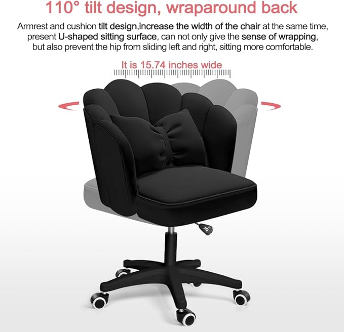 Petal Desk Chair with Bow Cushion Velvet Vanity Chair with Wheels, Upholstered Home Office Chair for Girls Women, Mid-Back Swivel Computer Task Chairs for Living Room Bedroom