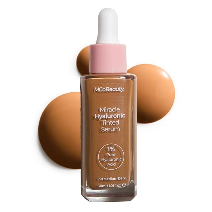 MCoBeauty Miracle Hyaluronic Tinted Serum 7-8 Medium Dark - Hydrating Skin Tint Foundation with Hyaluronic Acid Ginseng - Buildable Sheer to Medium Coverage Dewy Finish - Vegan Cruelty Free Makeup