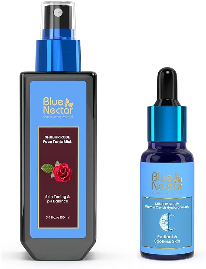 Blue Nectar Shubhr Steam Rose Toner Water & Face Mist (3.4 fl Oz) and Vitamin C Face Serum with Natural Hyaluronic Acid Serum (1 Fl Oz)