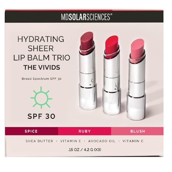 MDSolarSciences The Vivids Hydrating Sheer Lip Balm Trio SPF 30 | Tinted Sunscreen for Lips | Moisturizing Shea Butter, Avocado Oil & Vitamins E & C | Buildable Color, Vegan, Gluten-Free (0.45 Oz)