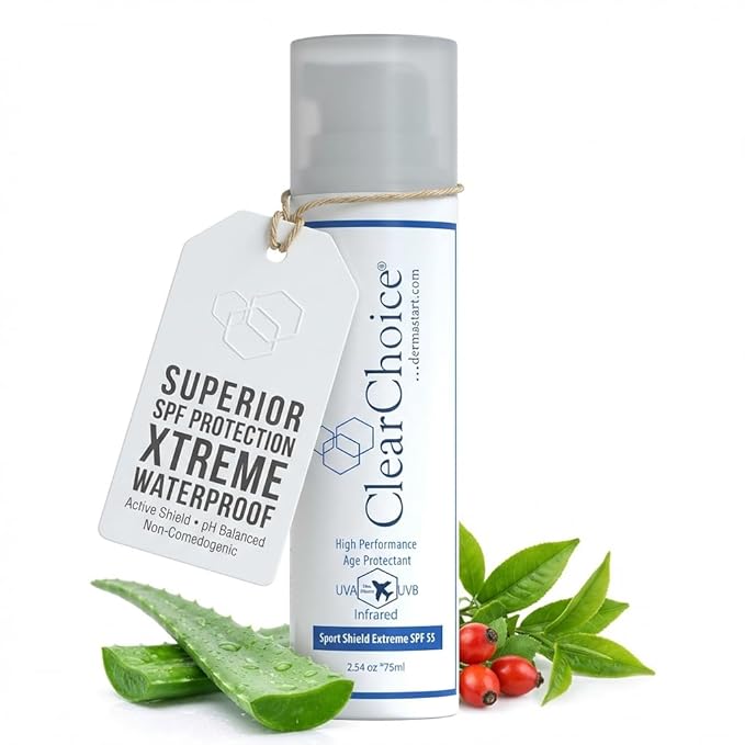 Clear Choice Sport Shield Extreme SPF 55 - Alkaline Skin Therapy Sunscreen, Non-Comedogenic, Anti-Aging Protection with Zinc Oxide & Antioxidants, For All Skin Types, Rosacea & Daily Use