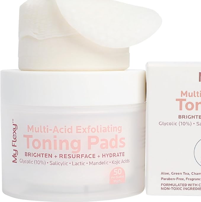 Multi Acid Toner Pads, Exfoliating Face Pads with Glycolic, Lactic, Mandelic, Kojic, & Salicylic Acid. Skin Pore Reducing, Toning, Resurfacing Facial Treatment for Wrinkles & Dull skin-50 Count