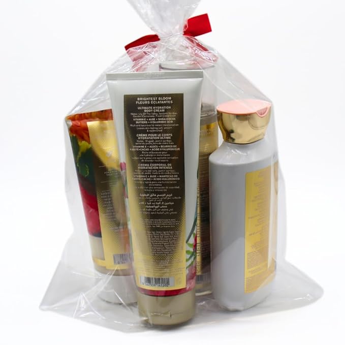 Bath & Body Works BRIGHTEST BLOOM Body Wash, Mist, Body Cream & Body Scrub 4-piece Gift Set with a Red Bow for Holidays – Full Size