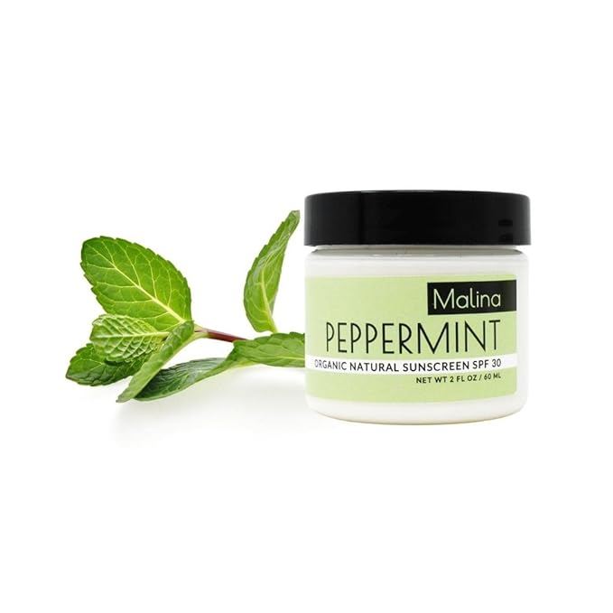 Malina™ Organic Peppermint Natural Sunscreen | SPF 30+ | Nontoxic | Baby-Safe | Reef-Safe | No Preservatives | No Synthetic Fragrance | Made With Pure Essential Oil (2 FL Oz)
