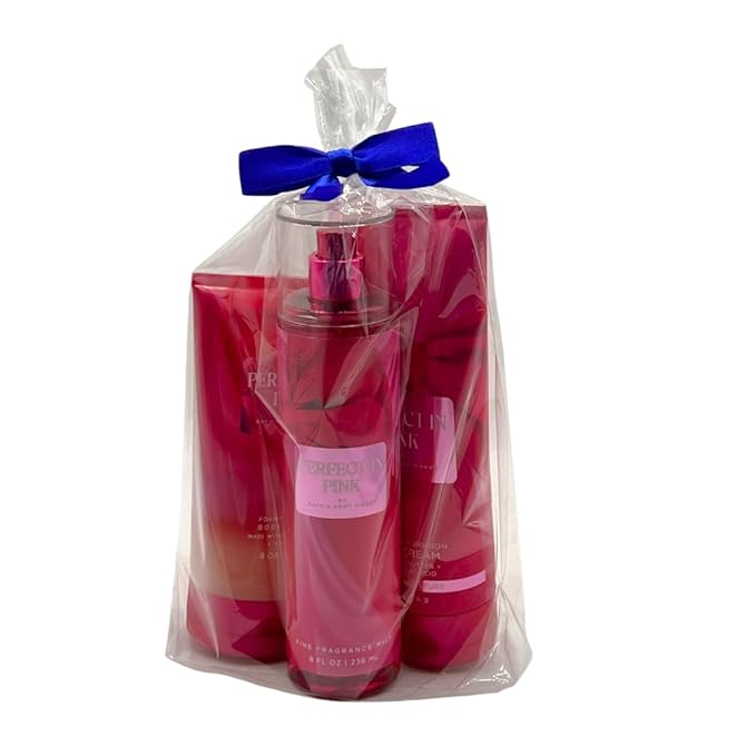 Bath & Body Works PERFECT IN PINK Fine Fragrance Mist, Ultimate Hydration Body Cream & Foaming Sugar Body Scrub 3-piece Gift Set with a Blue Bow for Holidays – Full Size