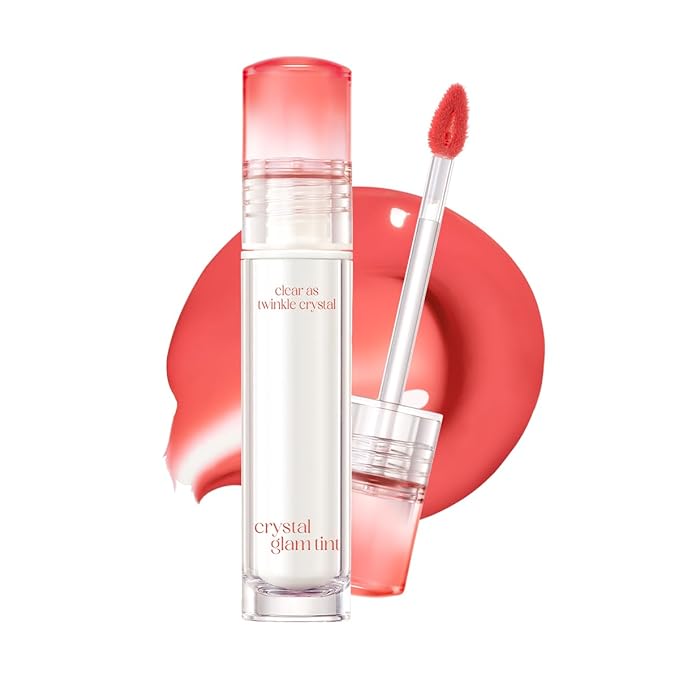 CLIO Crystal Glam Tint, Glossy Lip Tint with Glass-Like Shine, Lightweight Buildable Lip Stain, Long-Lasting Color, Non-Sticky, Rose Extract, Korean Lip Tint (009 BARE PEACH)