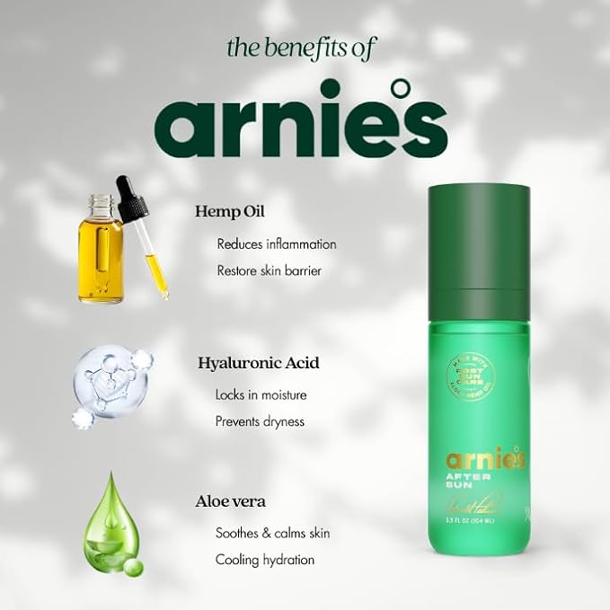 Arnie's After Sun Gel by Arnold Palmer - Pure Aloe Vera for Sunburn Relief & Recovery, Hemp Oil & Hyaluronic Acid, Hydrating & Cooling, Natural Botanical Formula, Reef-Safe, Alcohol-Free, 3.5 Fl. Oz.