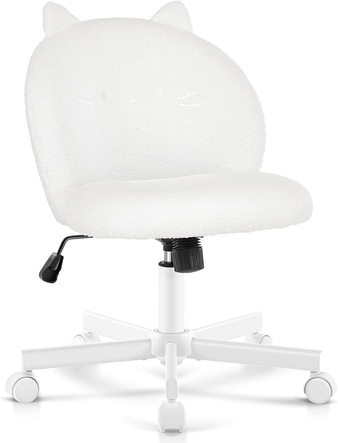 Vanity Chair with Cat Back,Armless Desk Chair Cute Small Office Chair,Teddy Fabric Computer Chair with Adjustable Height,120°Tilting,Rolling,Swivel for Vanity,Kids Room,Office,Bedroom White