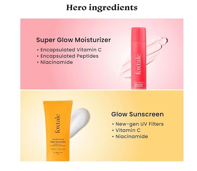 Fo. Xtale glow duo Golden Hour Skincare Set, Super Glow Moisturizer and SPF 50 Glow Sunscreen, Vitamin C and Niacinamide Formula, Non-Sticky, Lightweight, All Skin Types, 50ml Each