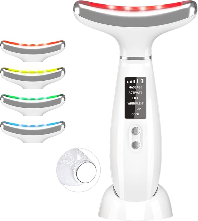 Red Light Therapy for Face and Neck, Portable Face Massager Tool with Vibration, 4 Color LED Facial Light Therapy Device for Skin at Home, Micro-Current Vibration Facial Cold and Hot Service