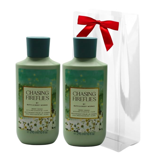Bath & Body Works CHASING FIREFLIES Body Wash Gift Set with a Red Bow for Holidays 10 fl oz – Pack of 2