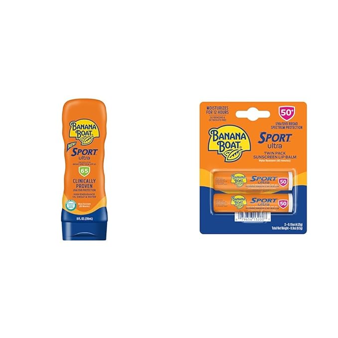 Banana Boat Sport Ultra SPF 65 Sunscreen Lotion 8oz and SPF 50 Lip Balm Twin Pack | Oxybenzone Free Sunscreen