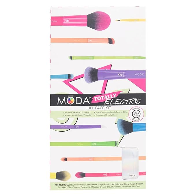 Moda Totally Electric 13pc Full Face Makeup Brush Set – Bold, Colorful, Vegan Brushes for Face & Eye Makeup, Blending, Contouring, and More