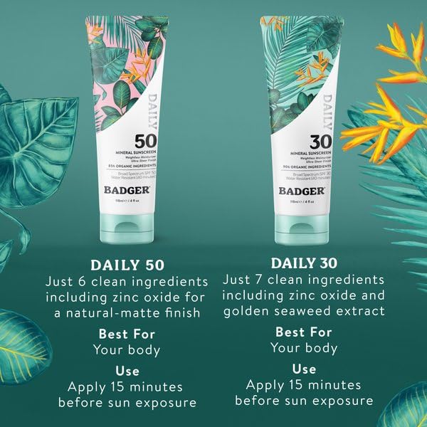 Badger SPF 50 Daily Mineral Sunscreen with Zinc Oxide, 85% Organic, Lightweight & Easy to Apply, No White Cast, Moisturizing, Reef Safe, Vegan, Unscented, 4 fl oz, 2 Pack