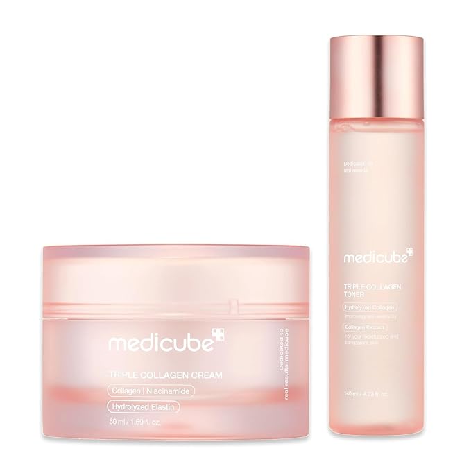 medicube Triple Collagen Prep and Glow Duo: Triple Collagen Cream and Triple Collagen Toner | Hyaluronic Acid, Premium Elastin for Boosting Skin's Moisture Barrier | Korean Skincare