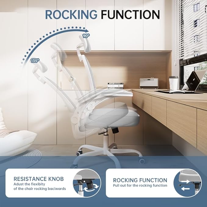 Synorla Office Chair Ergonomic Desk Chair, 330LBS Capacity, High Back Computer Design for Long Hours Comfort, Rolling Swivel for Home Office, Flip-up Armrests, White+Grey