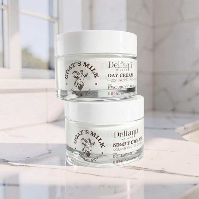 Delfanti-Milano • FULL SIZE DUO PACK • GOAT'S MILK with HYALURONIC ACID Day Cream and GOAT'S MILK with COLLAGEN Night Cream • Face and Neck Moisturizer • 2 x 1.7 oz jars • Made in Italy