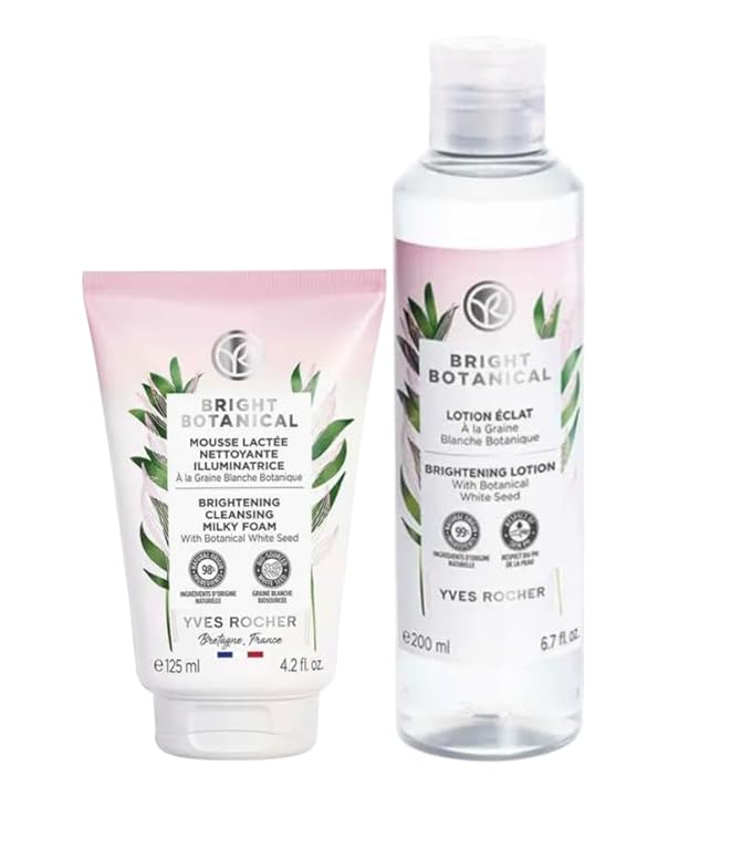 Yves Rocher Bright Botanical Skincare Set of 2, Cleansing Mousse 125 ml/4.2 flOz + Moisturizing Face Tonic Lotion 200 ml/6.7 flOz, Radiance Daily Care for All Skin Types
