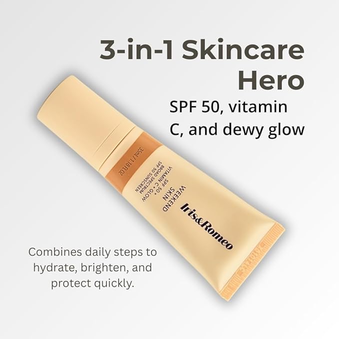 IRIS&ROMEO Weekend Skin SPF 50 – Warm Glow, Mineral Sunscreen with Vitamin C & Niacinamide for Dewy Golden Finish, 1.18 fl oz