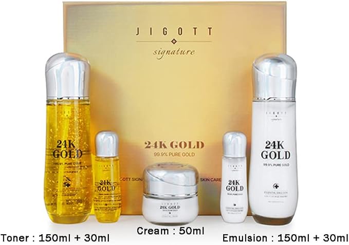 Jigott - Signature 24K Gold Essential Skin Care 3 Set - Toner (150ml), Emulsion (150ml), Cream (50ml) - Korean Skincare for Healthy and Glowing Skin
