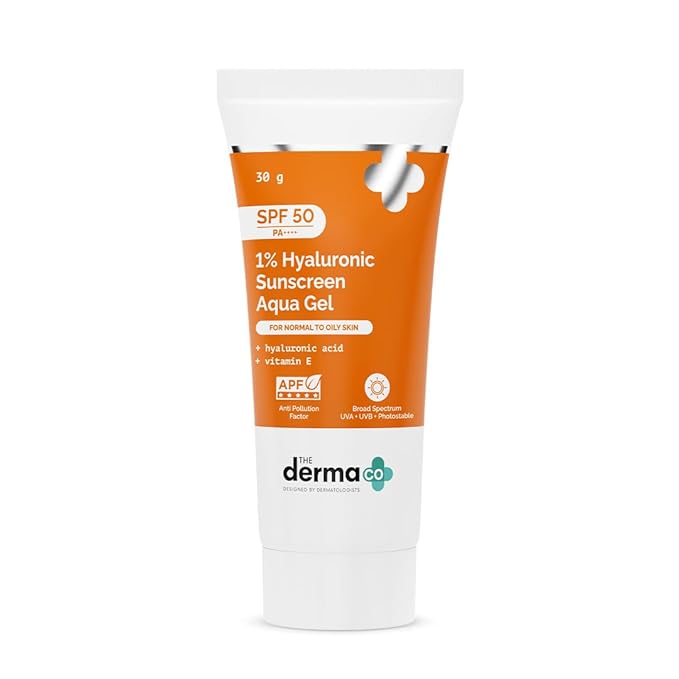 The Derma Co 1% Hyaluronic Sunscreen Aqua Gel SPF 50 PA++++ Hydrating, Lightweight & Non-Greasy No White Cast Broad Spectrum & Blue Light Protection Clinically Tested - (In-Vivo) 30 g