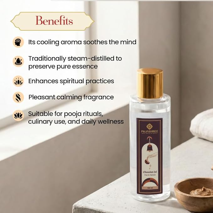 Pujashree 100% Pure Chandan Jal - 100 ML Glass Bottle with Spray Pump | Organic & Natural Sandalwood Water | Soothes, Hydrates Skin & Face Toner | Puja Chandan Sandal Holy Water