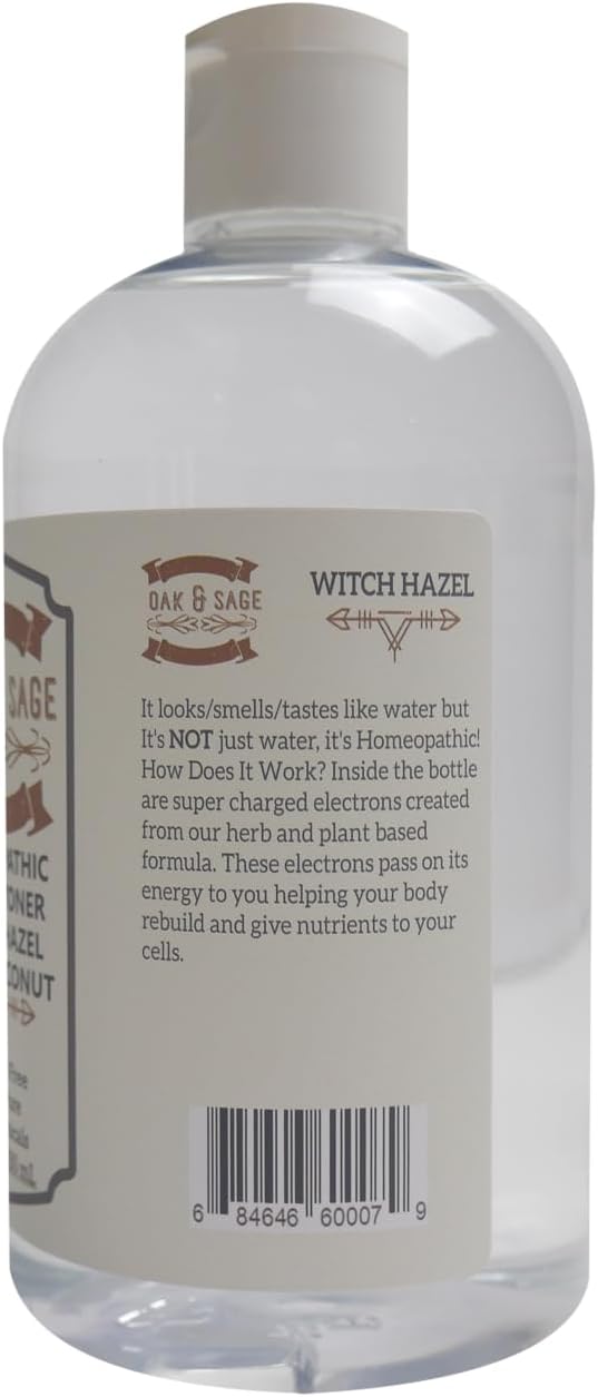 Oak & Sage Homeopathic Facial Toner Witch Hazel with Coconut - Unscented - 12oz Astringent, 100% Pure, No Alcohol, No Additives