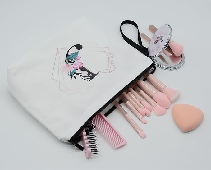 Personalized Initial J floral Makeup Bag set with Mirror for Women,White Ietter travel Cosmetic bag kit for Bride Bridesmaid with10 pieces pink brush set,Initial Gifts for Girls Mom femal Friends
