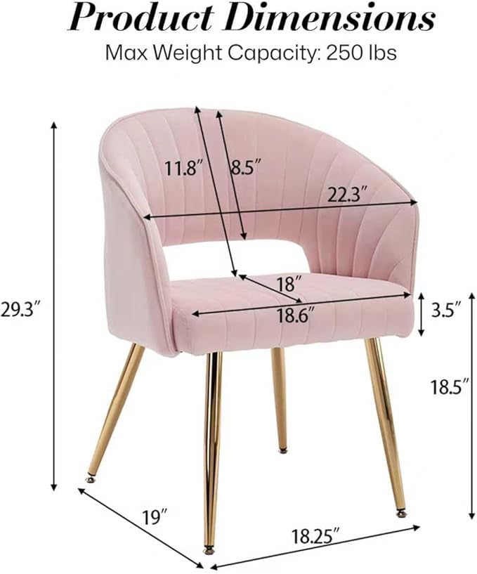 Modern Velvet Vanity Chair, Home Office Desk Chair with Hollow Back, Upholstered Dining Chair with Gold Metal Legs, Comfy Accent Armchair for Living Room Bedroom, Light Pink