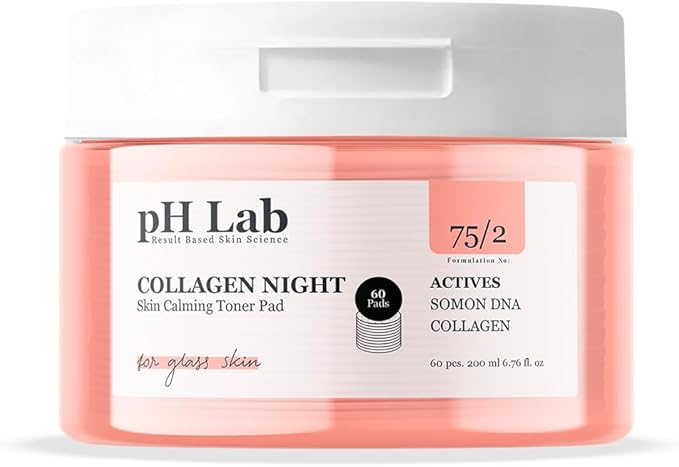 pH Lab Collagen Night Toner Pad, Gentle Face Pads for Glowy & Smooth Skin with Salmon DNA, 60 Pads