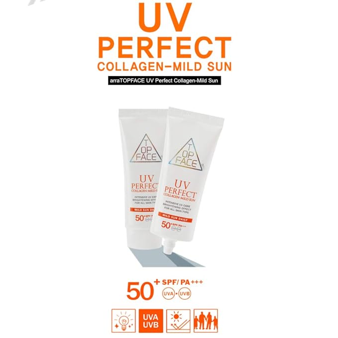 arraTOPFACE UV Perfect Collagen-Mild Sun SPF50+/PA+++ 70ml / 2.37 fl.oz (Pack of 2) UVA UVB blocking, Physical sunscreen.