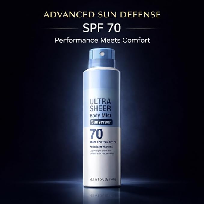 Ultra Sheer SPF 70 Body Sunscreen Spray, 5 oz Lightweight Sun Care Mist, Dry Touch Feel, Sheer Finish Protection for Outdoor and Daily Use