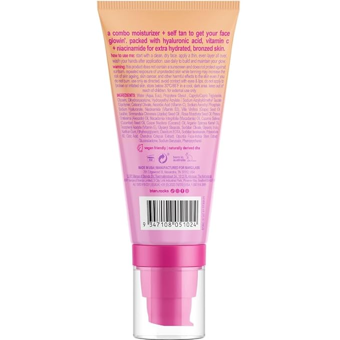b.tan Gradual Self Tan Face Lotion | Addicted to the Glow - Daily Faical Tanning Cream for a Sunkissed Dark Bronze, Best Sunless Moisturizer, Hydrating Vitamin C, Travel Size, No Fake Tanner Smell
