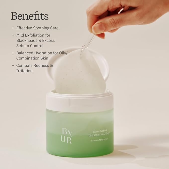 ByUR Green Wonder Keep Peace Toner Pads - Gentle Exfoliation, Soothing & Redness Care for Sensitive Skin, PHA & LHA, Centella Asiatica, 100% Organic Cotton, Facial Pore Care Korean Skincare (70 Count)