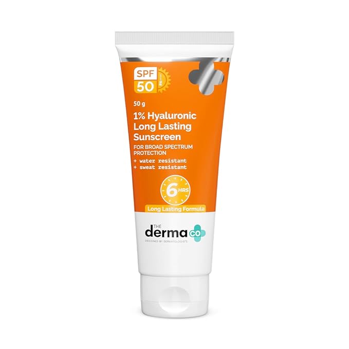 The Derma Co 1% Hyaluronic Long Lasting Sunscreen Spf 50 Pa++++ With Hyaluronic Acid & Vitamin E For Broad Spectrum Protection- 50 G, All Skin Types | Water & Sweat Resistant