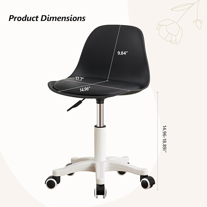 Small Desk Chair Cute Armless Task Vanity Chair with Soft Padded Cushion, Plastic Height Adjustable Home Office Chairs for Teens Girls,Black Set of 1