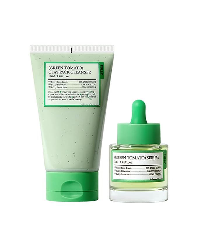 Green Tomato Pore Rescue Duo: Instant Pore Minimizing, Blackhead & Sebum Control, Elasticity Boosting, Vegan Sensitive-Skin Korean Skincare, Christmas Gift Stocking Stuffers with Clay Mask Cleanser &