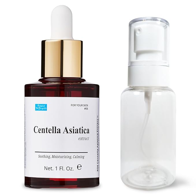 Centella Asiatica Extract 1 fl. oz. Dropper for soothing, moisturizing, and calming skin. using as facial toner or mist. Empty spray bottle included.