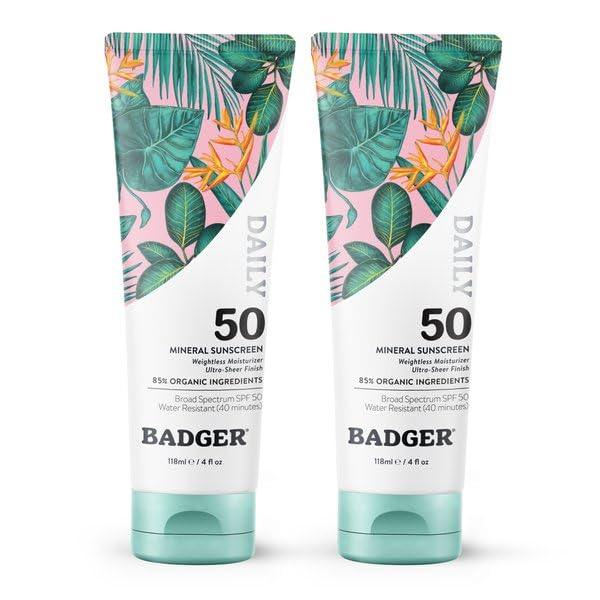 Badger SPF 50 Daily Mineral Sunscreen with Zinc Oxide, 85% Organic, Lightweight & Easy to Apply, No White Cast, Moisturizing, Reef Safe, Vegan, Unscented, 4 fl oz, 2 Pack