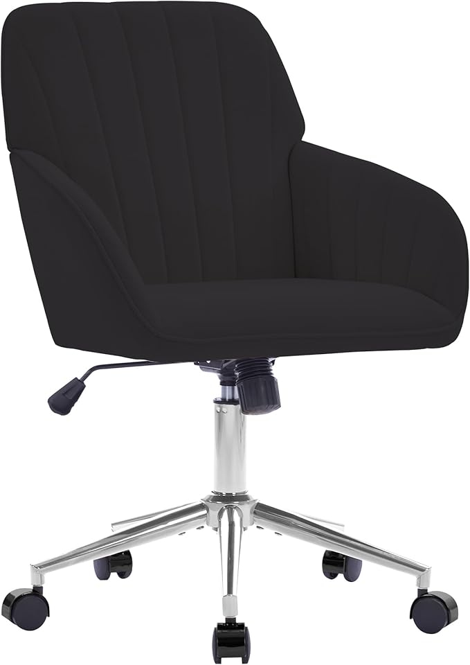 Velvet Home Office Desk Chair, Modern Cute Computer Task Chair with Back, Height Adjustable Upholstered Vanity Chair with Swivel Wheels for Women, Girls (Silver Base, Black
