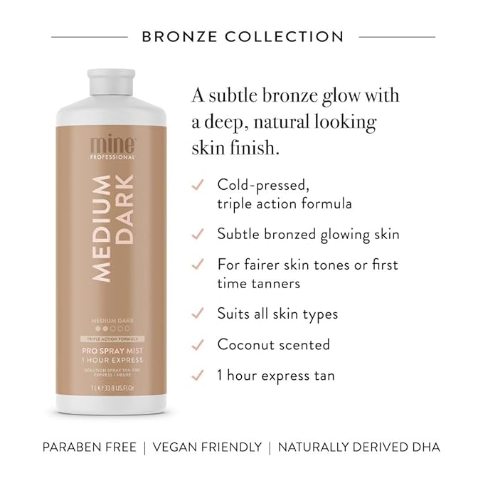 MineTan Spray Tan Solution | Medium Dark - Fake Tanning Mist Best for Subtle Bronzed Glow Skin Finish, Fast Drying, 1 Hour Express, Hydrating, Salon Professional Formula, 33.8 Fl Oz