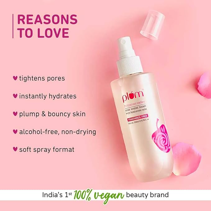 Plum Bulgarian Valley Rose Water Toner |with Hyaluronic Acid & Rose Extracts|100% Natural Rose Fragrance|Soothing and Pore Tightening | Balances Ph Levels (200 Ml (Pack of 1) Colourless)